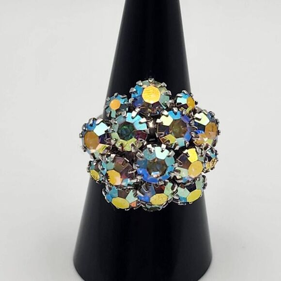 Vintage Sarah Coventry Peacock AB Crystal Adjustable Cluster Ring - Picture 1 of 8